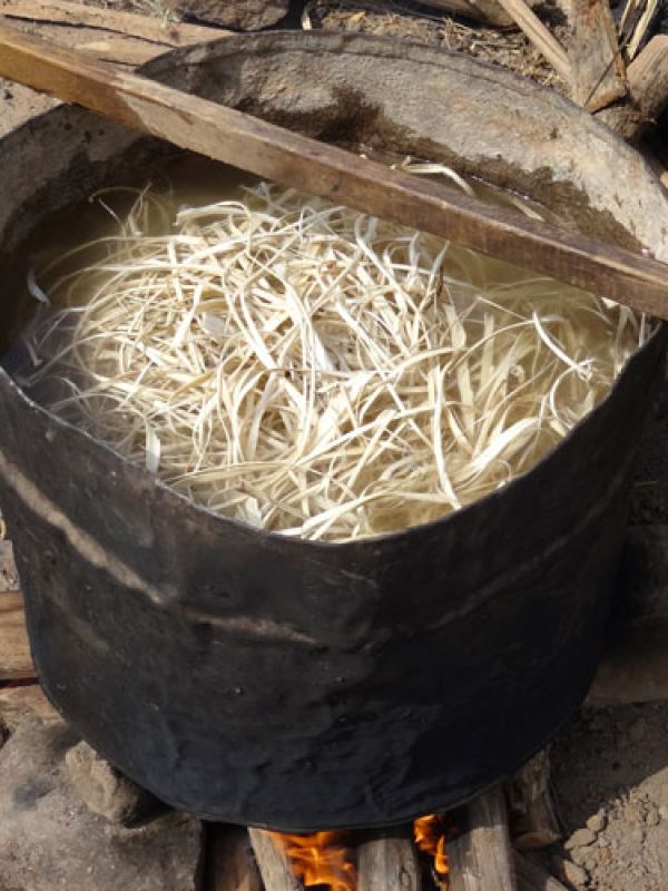 Steg 3. Barken kokas i vatten. Varken blek- eller bindemedel tillsätts för att barken skall bli pappersmassa.